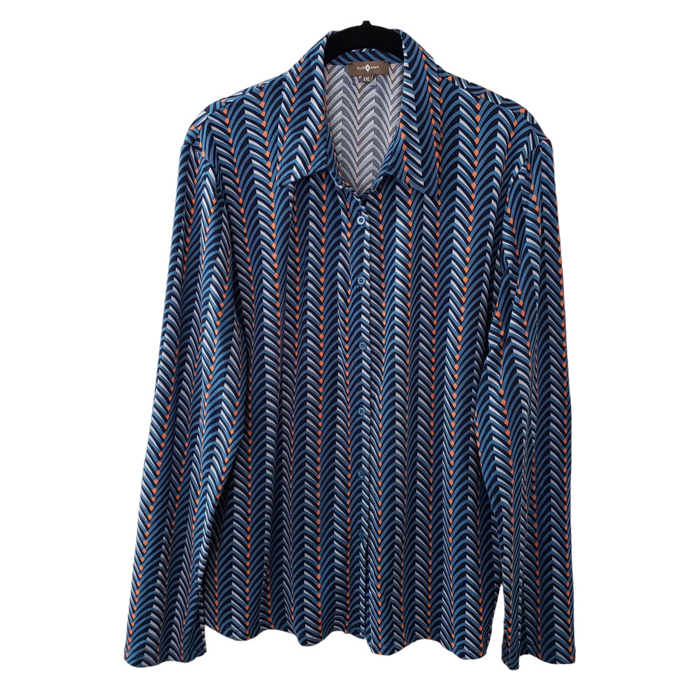 Surkana Long Sleeve Button Up Chevron Stretch Knit Shirt, Blue/Orange, Sz XXL